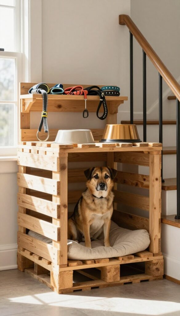 Rustic pallet dog house under stairs with storage shelf above for leashes and collars.