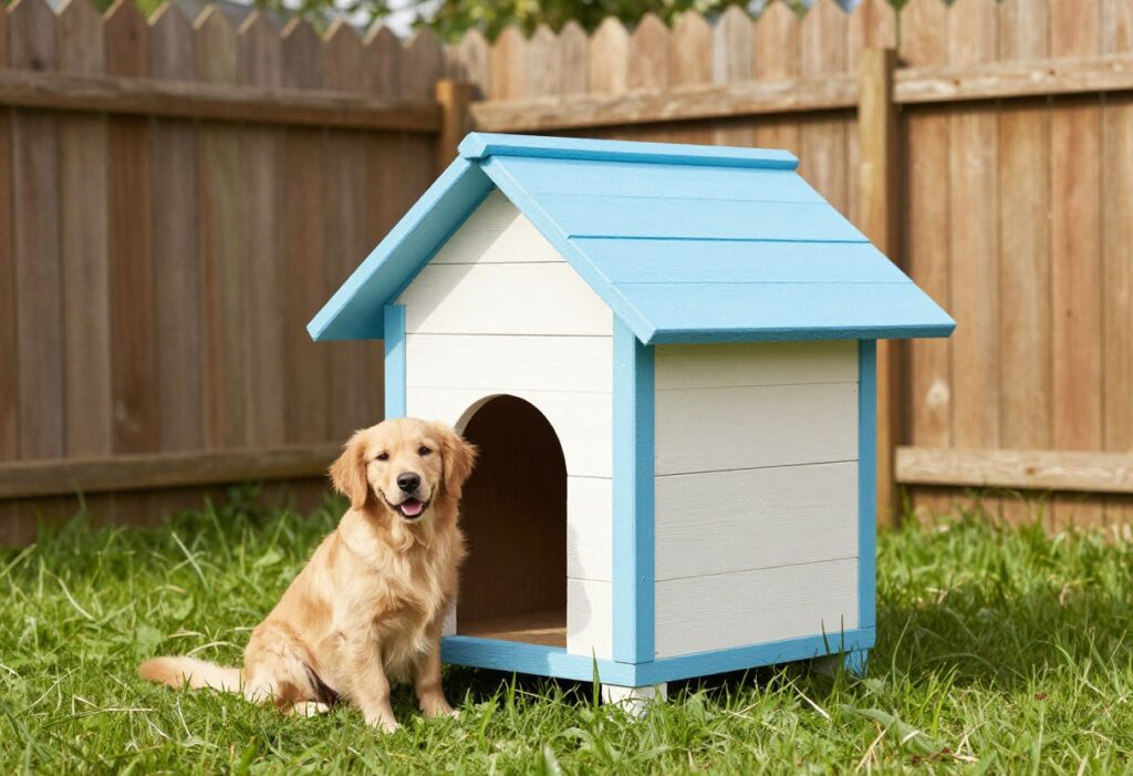 A handmade wooden dog house in a sunny backyard with a golden retriever sitting next to it.