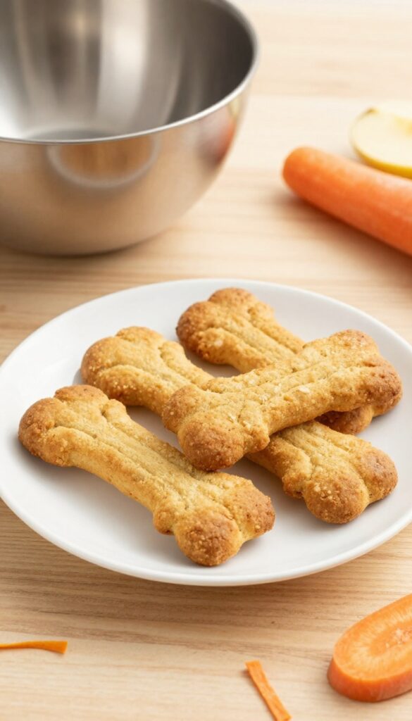 Homemade apple carrot crunch biscuits for dogs, golden and crisp on a white plate with natural ingredients, in a clean, bright setting.