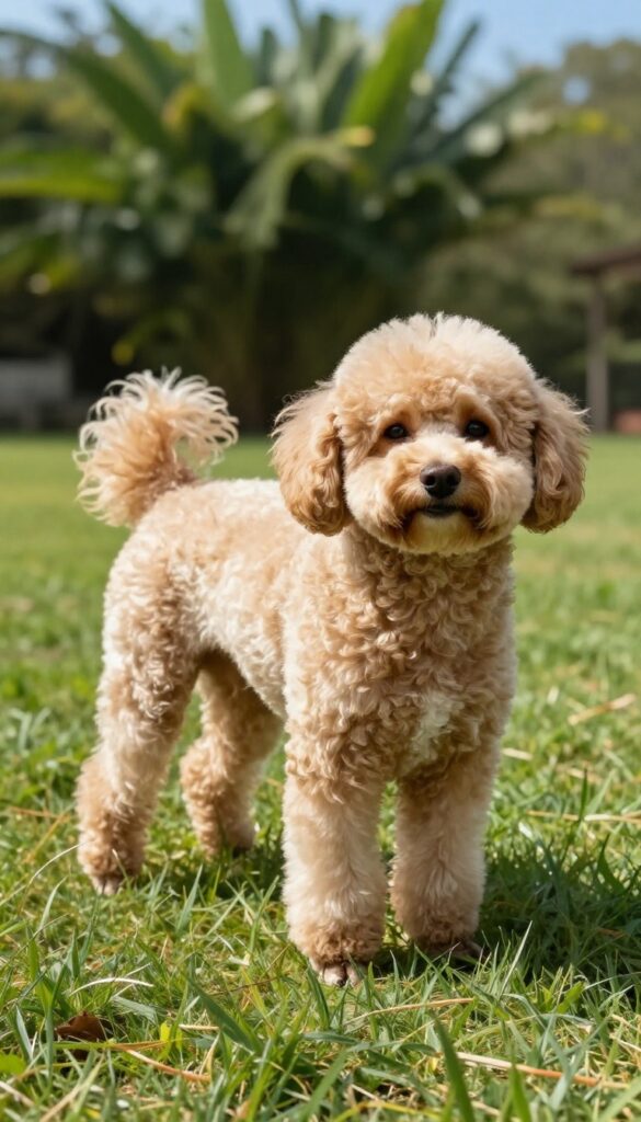 A Maltipoo with a short summer shave haircut in natural light, demonstrating comfort and ease for hot weather.
