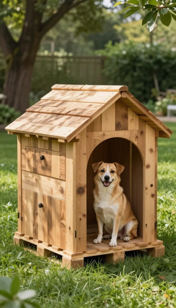 DIY dog house made from repurposed wooden pallets and an old dresser in a sunny backyard with a happy dog sitting beside it.