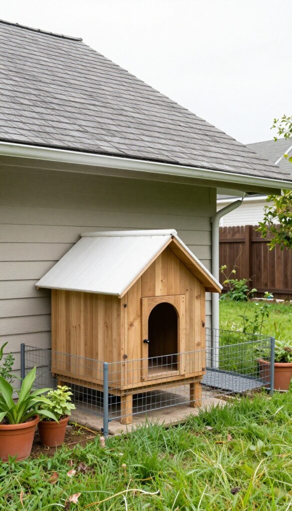 Under-eave dog house with attached wire run in a narrow side yard