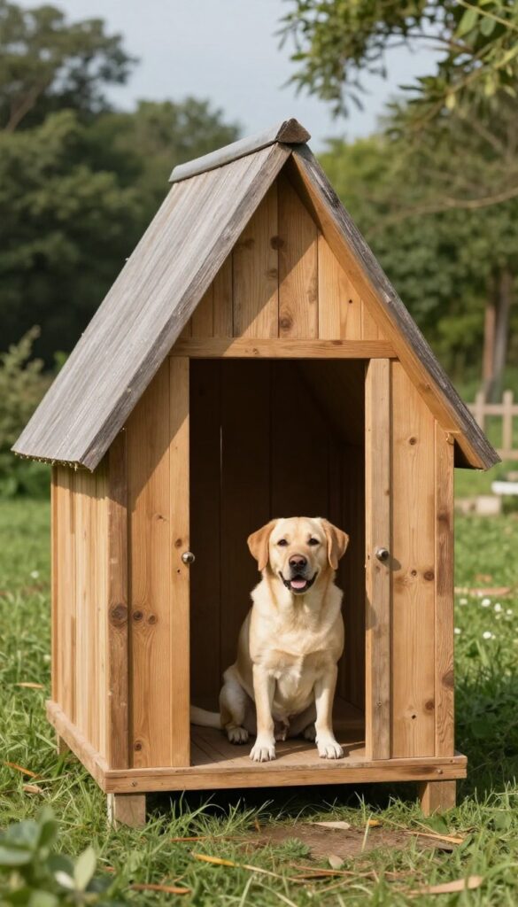Insulated outdoor A-frame dog house in backyard with Labrador retriever