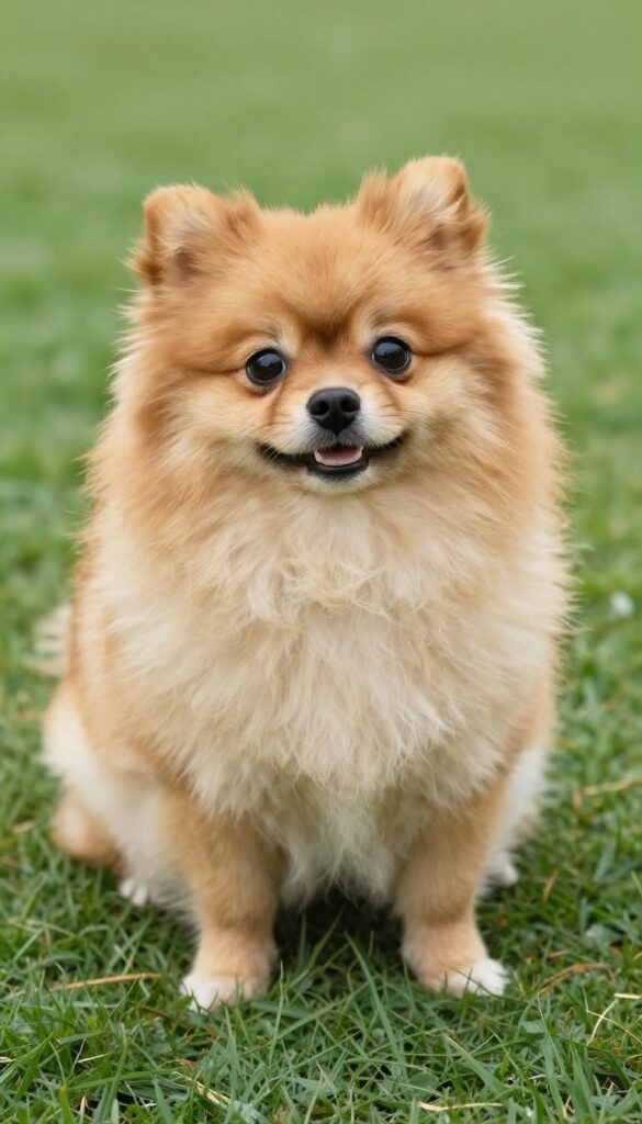 A small fluffy dog with a teddy bear trim sitting in natural light, showcasing a neat and cuddly grooming style.