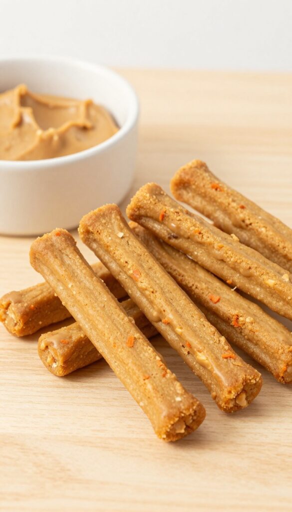 Homemade peanut butter carrot crunch sticks for dogs, baked to a golden-brown with visible carrot specks, arranged in a plain ceramic bowl on a wooden surface, showcasing a crunchy texture and dog-safe snack appearance.