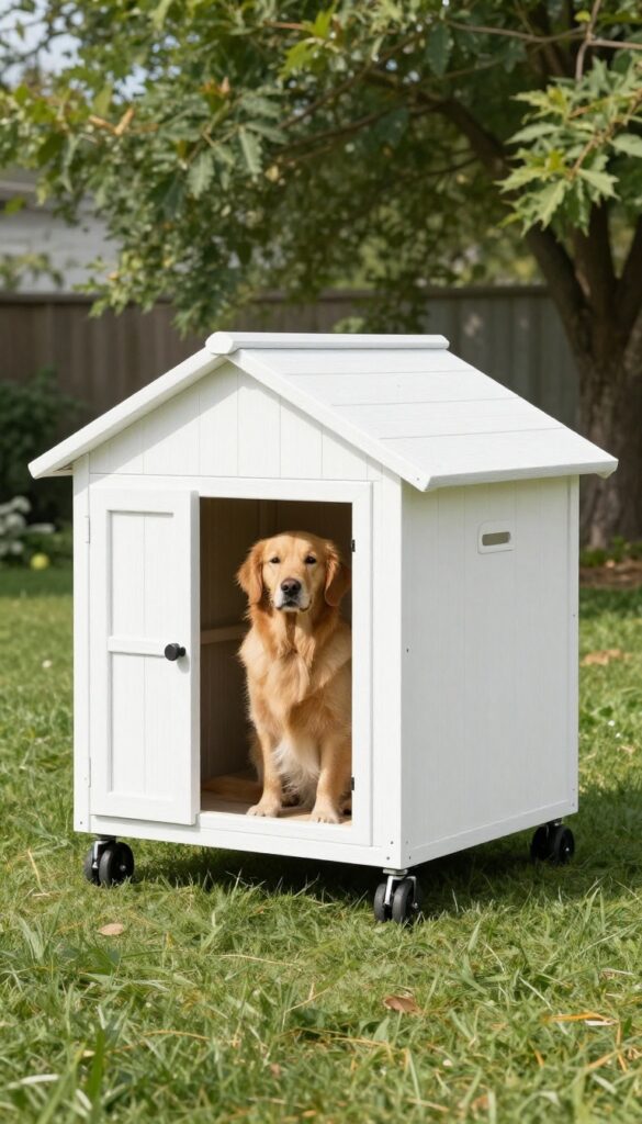 Portable wooden dog house with wheels on grass, golden retriever nearby, sunny backyard