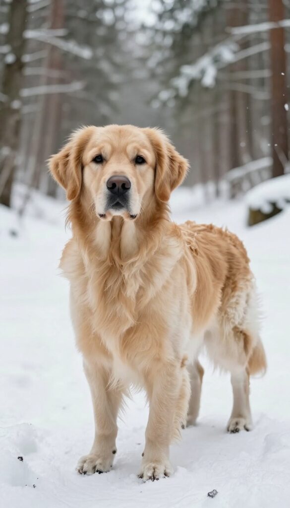 A Golden Retriever with a winter-ready grooming style featuring a longer, protective coat for insulation in snowy conditions.