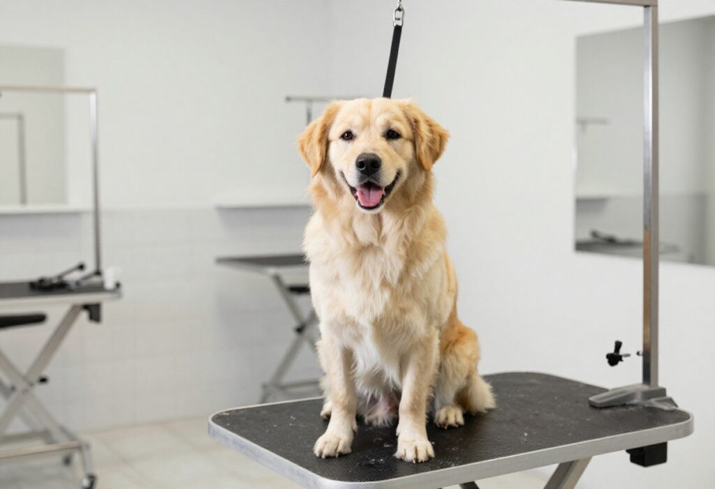 A content dog in a tidy grooming salon with soft lighting and grooming accessories nearby.