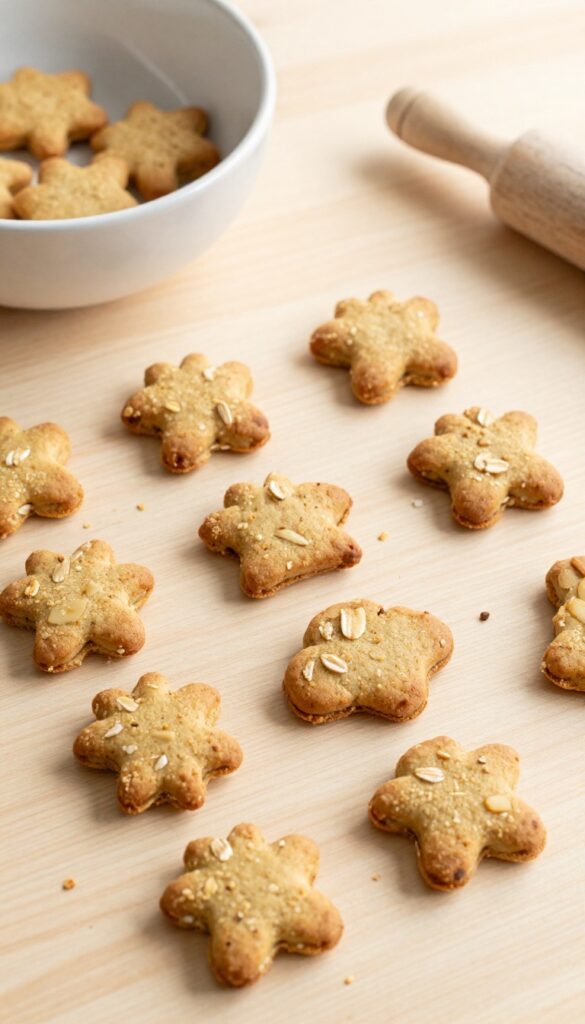 Homemade apple oat crunch dog biscuits on a wooden surface, showcasing their golden-brown, crunchy texture with visible oat flakes and apple shreds, arranged neatly in bright natural light.