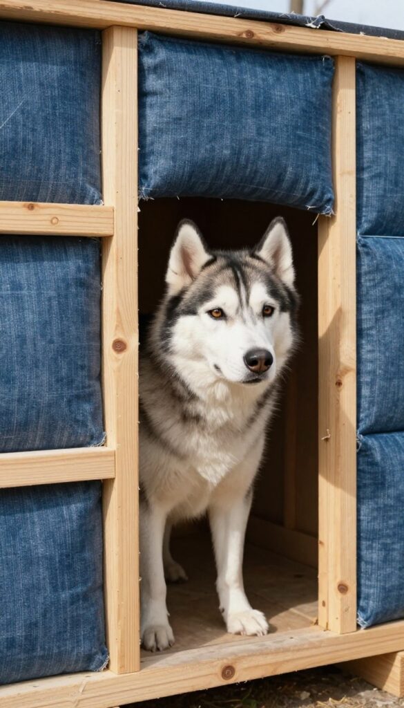 Dog house with recycled denim insulation and husky dog looking out