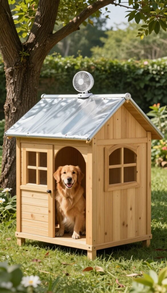 Dog house with reflective roof and clip-on fan for cooling