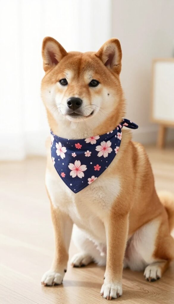 A Shiba Inu dog wearing a traditional kimono-inspired cherry blossom bandana in a bright, clean home setting.