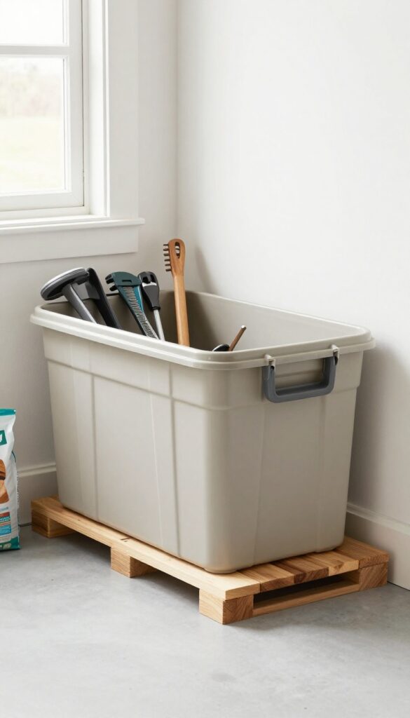 A weather-resistant outdoor storage box for dog food in a bright garage corner, placed on a raised platform to prevent moisture, with natural light and organized surroundings.