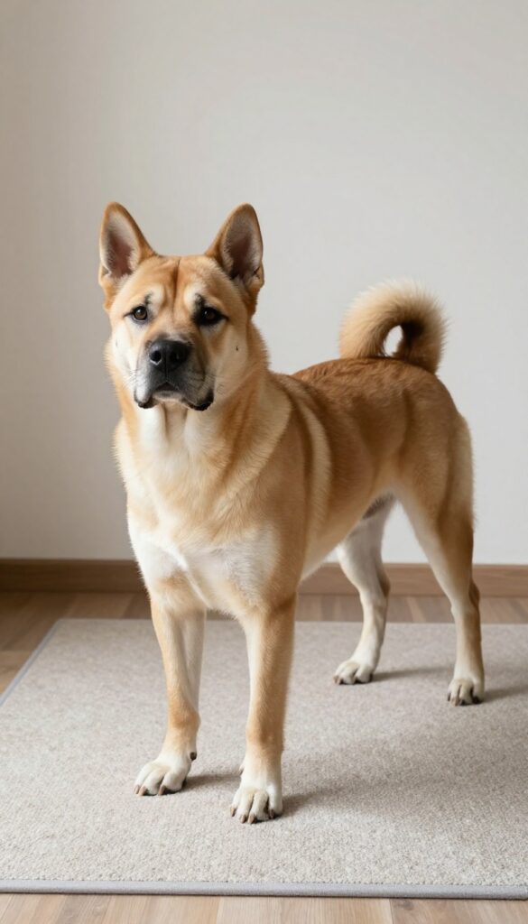 A Tosa Inu with a short, sleek coat highlighting its muscular build, standing calmly on a non-slip mat in natural light.
