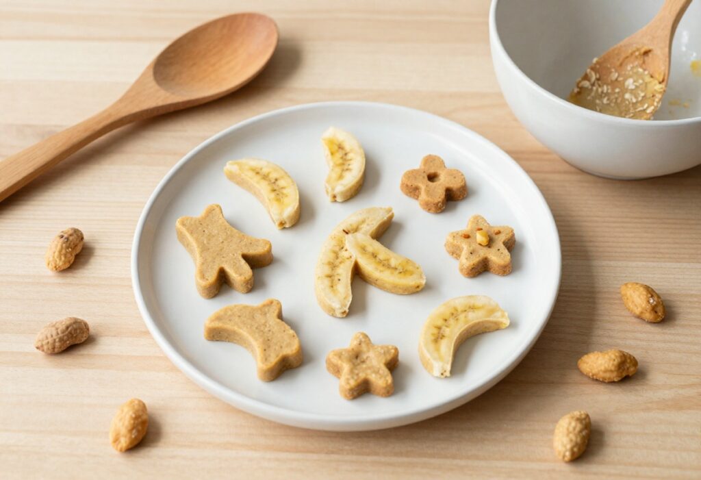 A variety of homemade peanut butter dog treats, including soft banana bites, biscuits, and frozen snacks, arranged on a plain wooden surface with natural lighting, representing recipes for a dog treat blog.