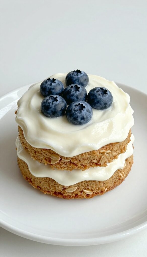 Homemade yogurt and blueberry dog cake with creamy frosting on a white plate