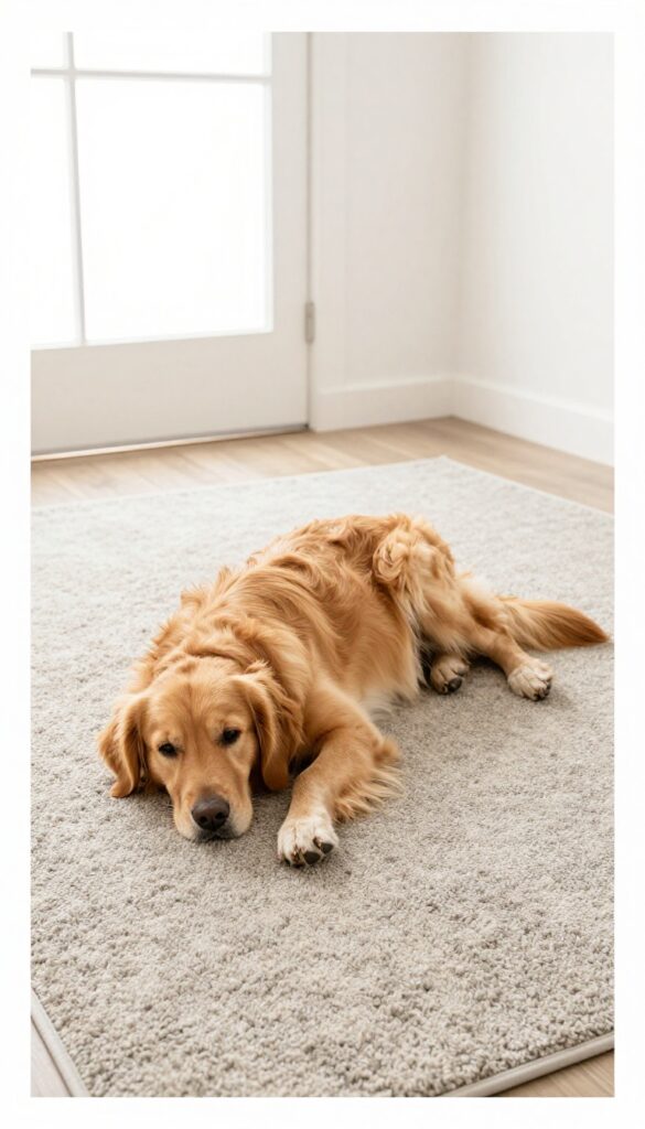 A dog resting on an indoor-outdoor carpet inside a dog house