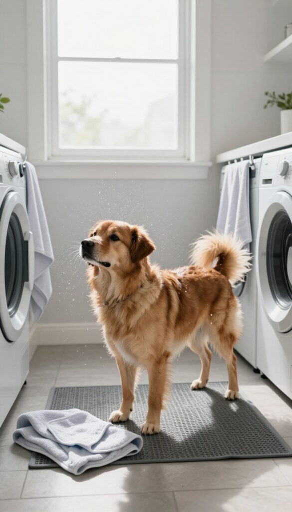 A dedicated drying zone for dogs in a laundry room setup, showing a dog shaking off water on a non-slip mat with absorbent towels nearby for quick cleanup.