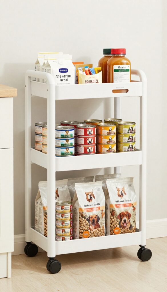 A rolling cart used for dog food storage in a pantry, showcasing organized kibble, cans, and treats in a bright, clean setting.