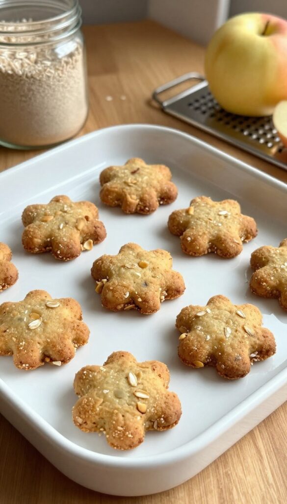 Close-up of homemade apple oat crunch dog cookies on a white baking tray, showing crunchy texture with oat flakes and grated apple, in bright natural light on a plain wooden countertop.
