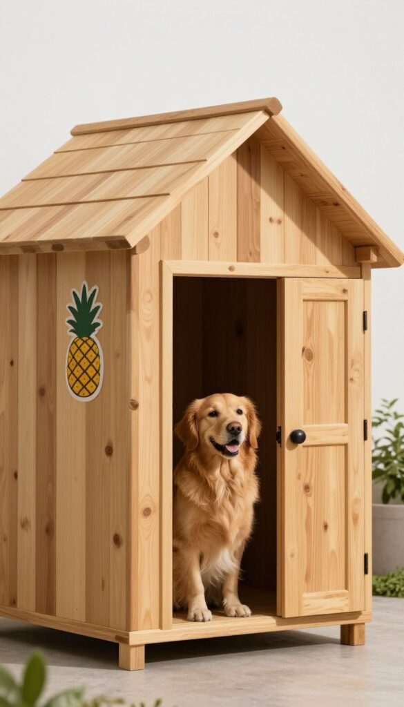 Classic cedar A-frame dog house with extended roof overhang in a sunny backyard