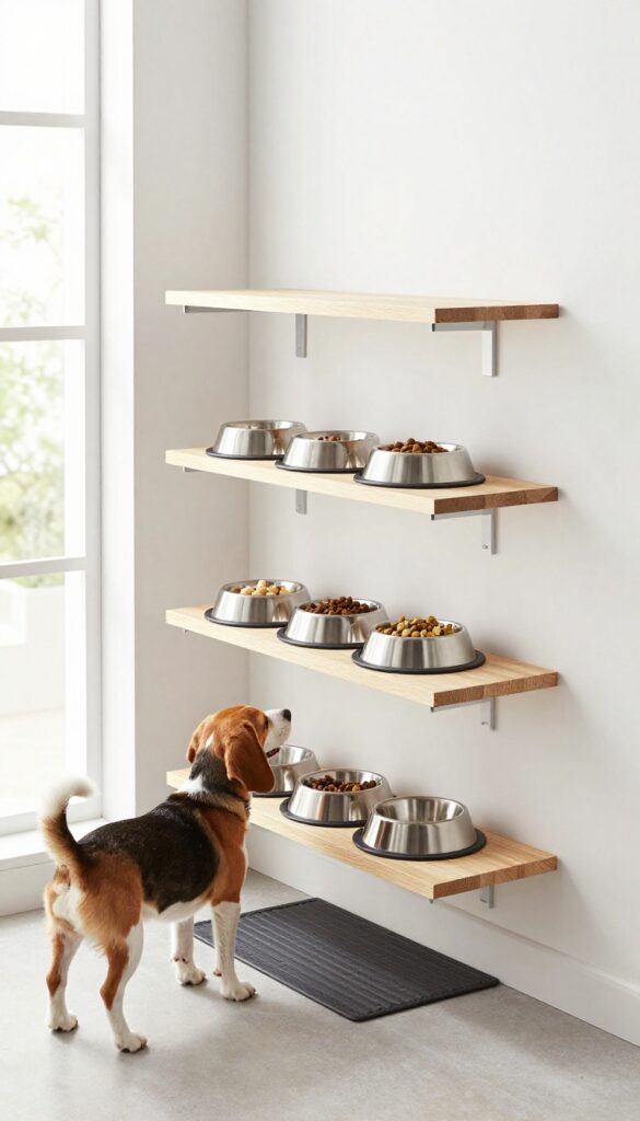 A floating shelf system with removable dog bowls and storage bins, designed for small to medium dogs in a modern apartment setting, showcasing an organized and clutter-free feeding station.