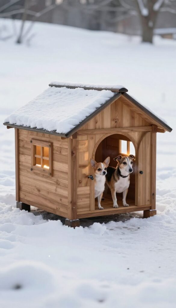 Heated double dog house in snowy backyard with two dogs peeking out of separate compartments