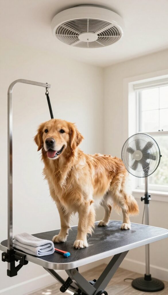 A photorealistic image of a well-ventilated dog grooming salon interior, featuring a Golden Retriever with damp fur under a ceiling fan and open windows to reduce odors, in bright natural light.