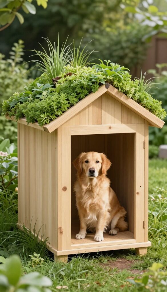 Modern dog house with a green roof made of sedum and grass, blending into a garden setting with a golden retriever nearby.