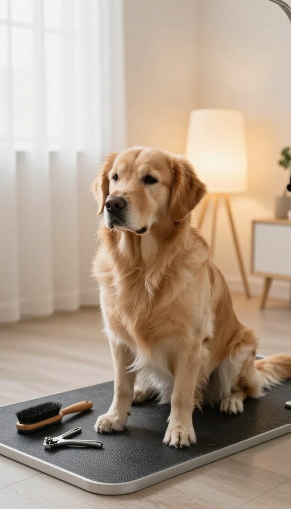 A relaxed dog in a softly lit grooming area with warm lighting and minimal tools, showcasing a calm environment for beginner home grooming.