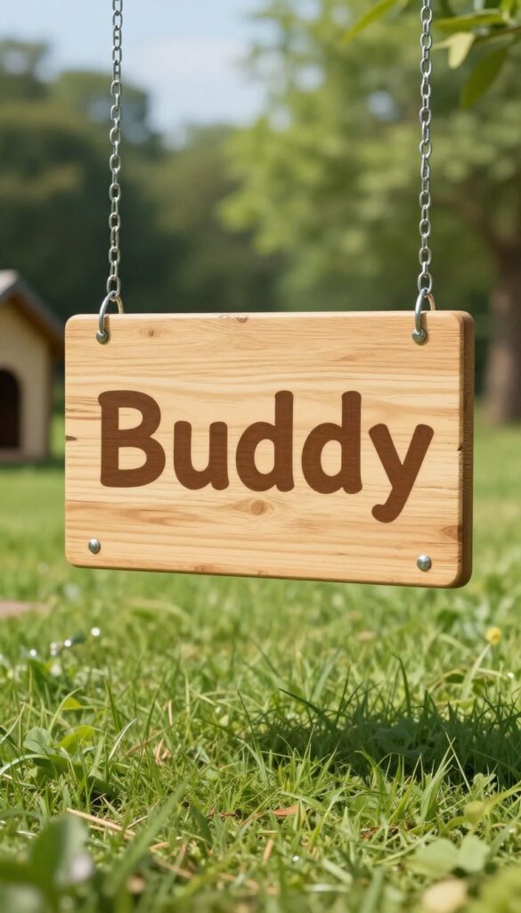 Double-sided hanging sign on a dog house in a sunny yard