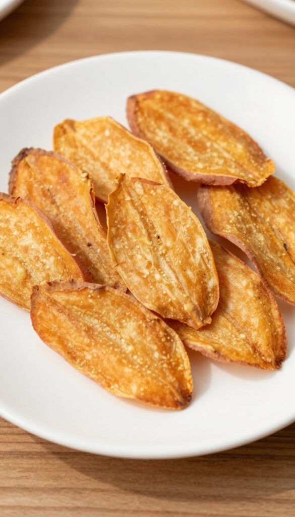 Close-up of homemade sweet potato puppy chips, golden and crispy, arranged on a white plate on a wooden surface, showcasing a simple, dog-safe treat recipe.