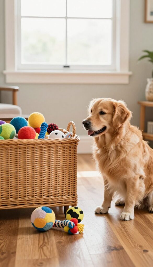 A decorative wicker toy bin filled with dog toys in a bright living room, with a golden retriever nearby, illustrating neat pet supply storage for easy cleanup and play.
