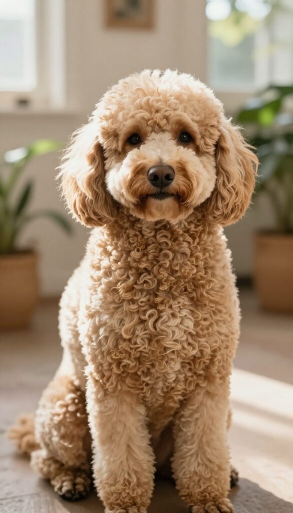 A poodle with a corded grooming style sitting in natural light, illustrating the low-maintenance and rustic charm of this timeless look for dog owners.
