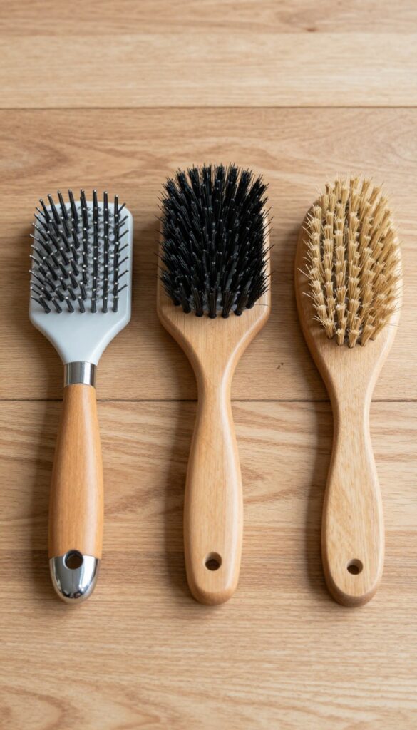 Three dog grooming brushes—slicker, pin, and bristle—displayed on a wooden surface, illustrating tools for different coat types in a bright, natural setting.