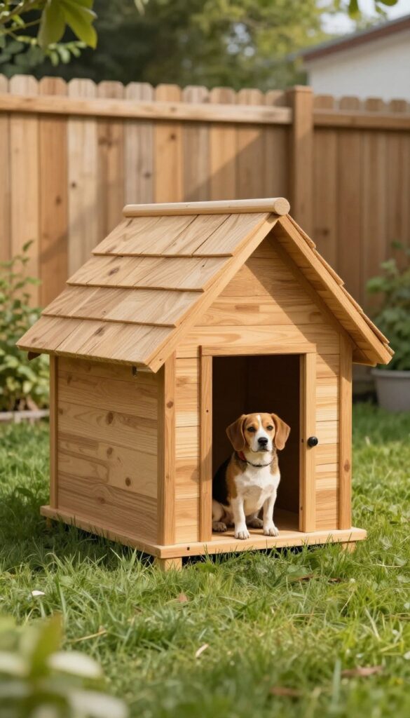 Classic A-Frame wooden dog house in backyard with Beagle, steep roof, hinged roof, cedar shingles, photorealistic, bright natural light