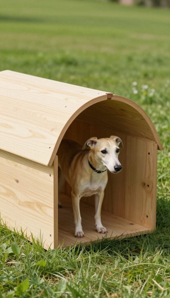 Dog house with wind-baffled entryway, dog peeking out from sheltered tunnel
