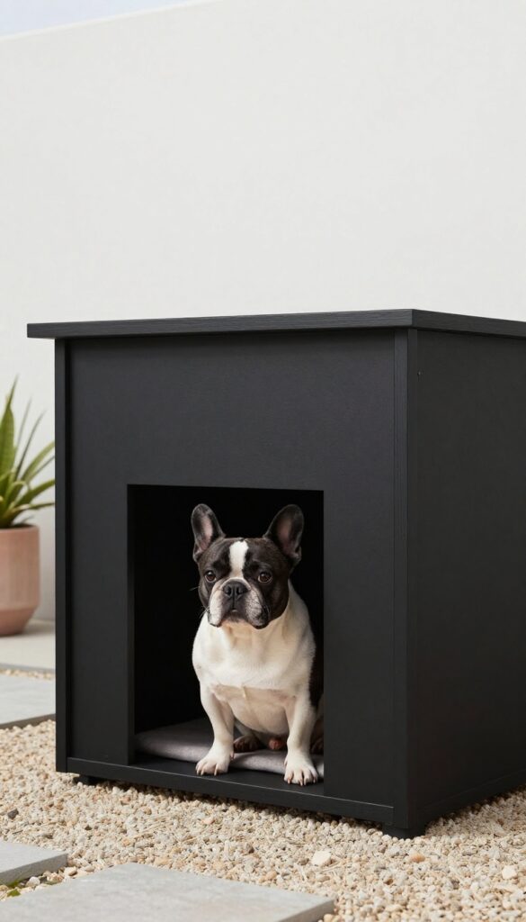 Modern minimalist cube dog house in backyard with dog peeking out