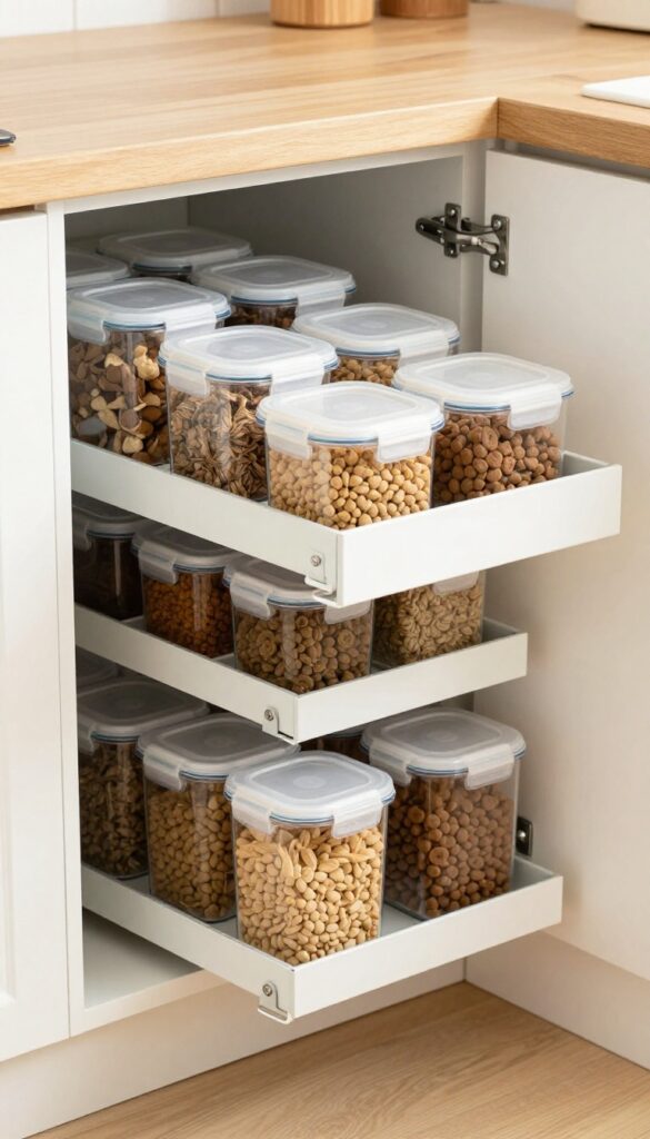 A corner cabinet with a lazy Susan for dog food storage in a bright kitchen, highlighting organized airtight containers and smooth rotation for easy access.