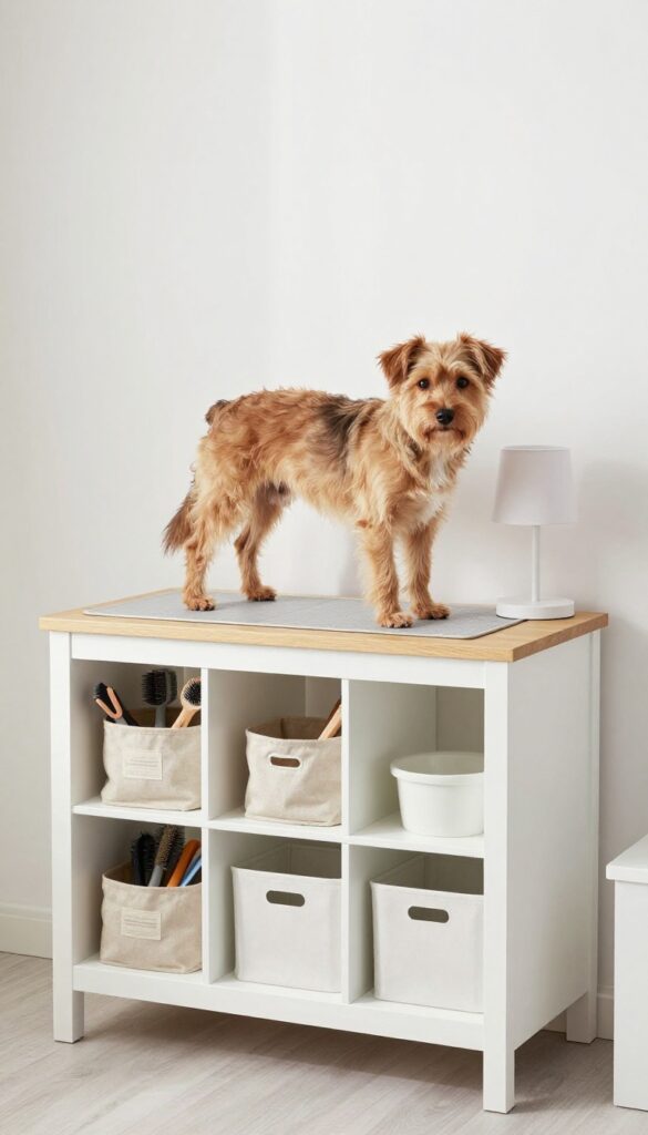 A dog grooming table made from an IKEA Kallax shelf unit with organized grooming tools in shelves below, featuring a small dog standing safely on top in a well-lit home setting.
