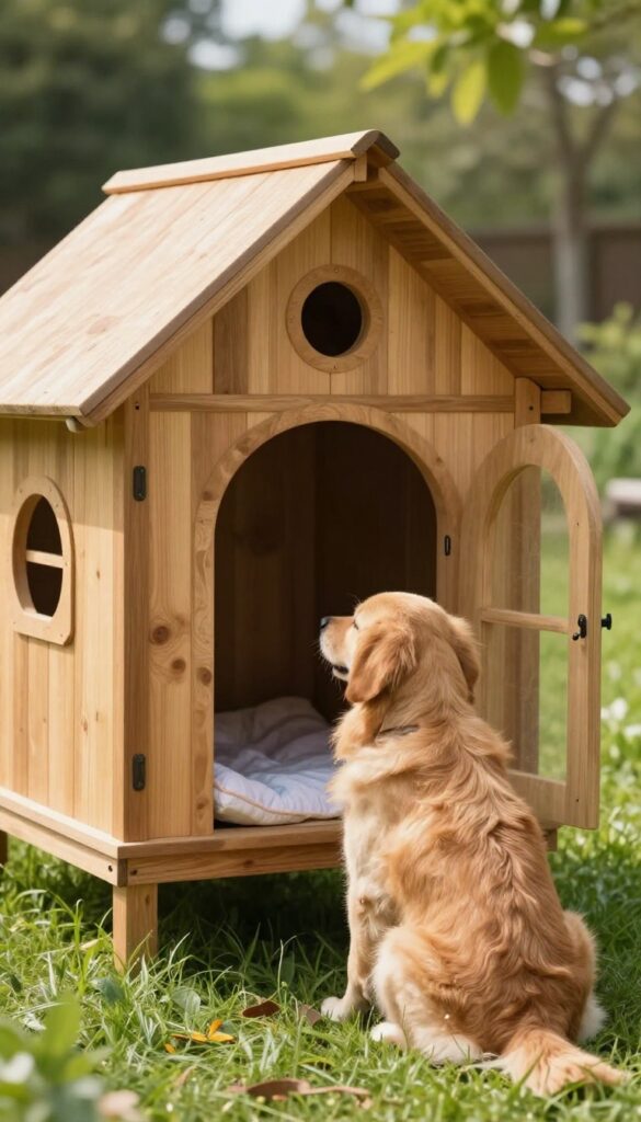 A-frame dog house with removable roof lifted open, showing clean interior, with a golden retriever sitting nearby in a sunny backyard.