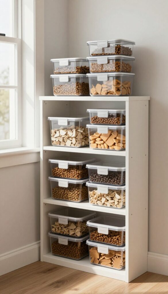 A custom-built pantry nook in a home corner, organized with shelves and clear containers for dog food and treats, showcasing an expensive-looking DIY storage solution in bright natural light.