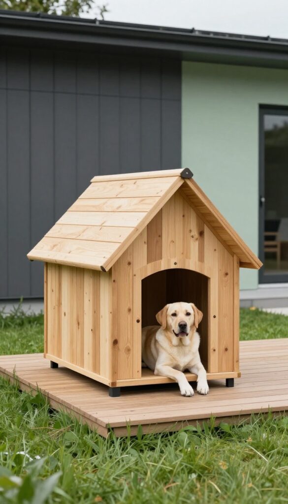 Modern A-frame dog house with porch, cedar wood, clean lines, dog lounging on porch, bright natural light, modern outdoor space.