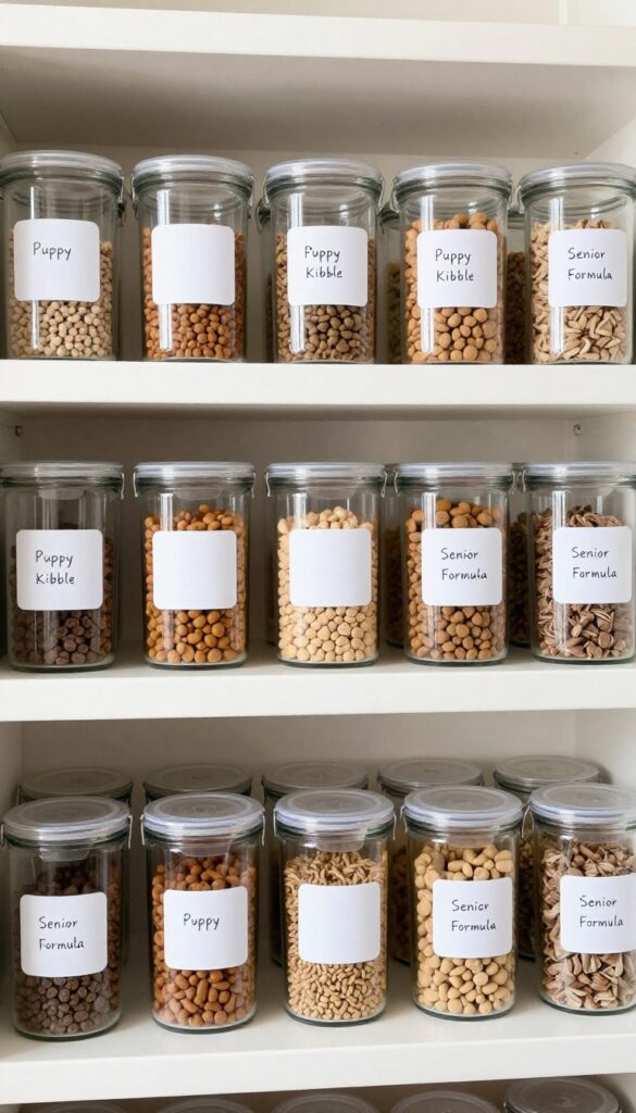 A photorealistic image of labeled dog food storage containers in a bright, organized pantry setting, showcasing neat and clutter-free storage for pet food.