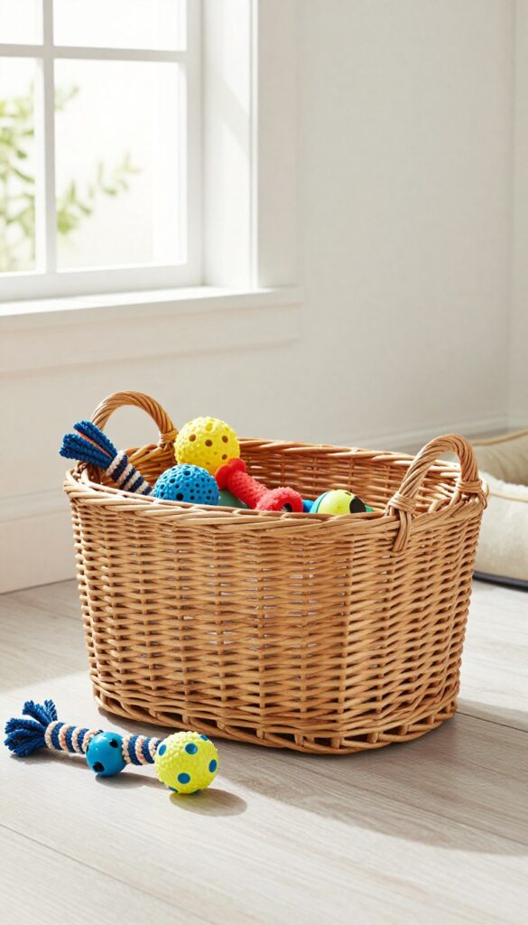 A wicker basket with handles containing assorted dog toys in a bright, tidy living room setting.