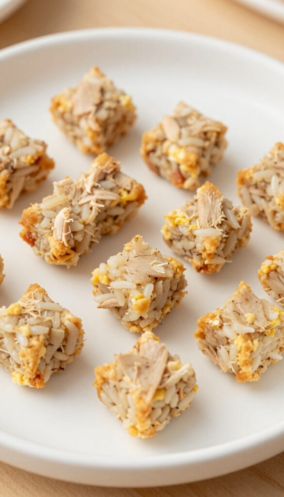 Close-up of homemade chicken and rice dog treat cubes on a plain white plate, showing soft texture and golden edges, for a quick and gentle dog snack recipe.