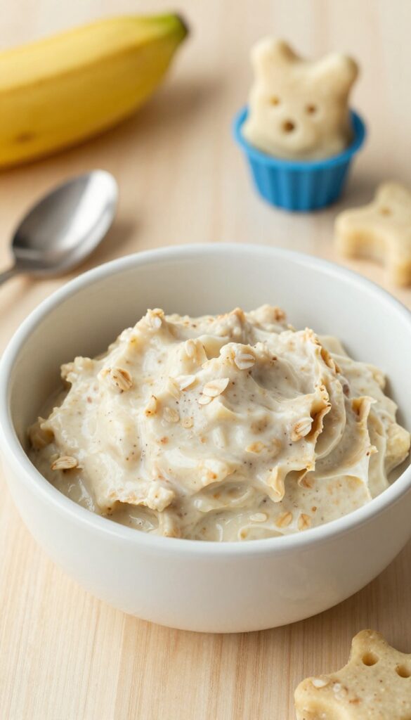 Homemade frozen dog treats made with yogurt, oats, and banana, shown in a bowl and silicone molds on a plain wooden surface, with natural lighting and no text or labels.