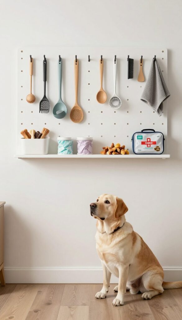 A well-organized pegboard in a mudroom or garage with dog supplies like grooming tools, poop bags, and a first-aid kit, featuring a dog sitting nearby in bright natural light.