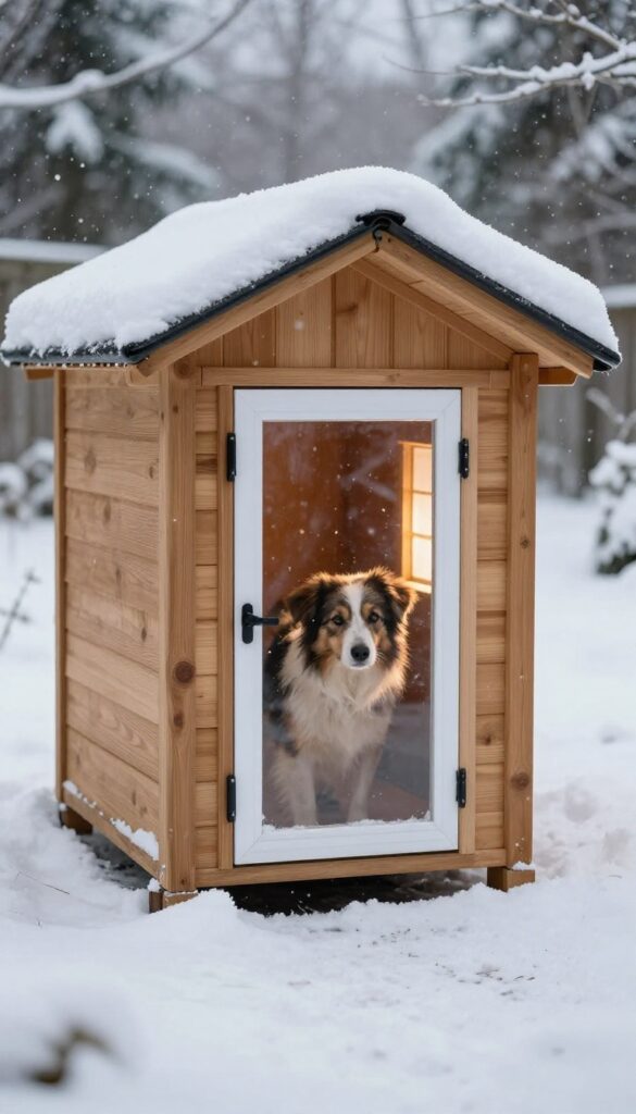 Insulated dog house with clear vinyl flap door in snowy backyard, dog exiting