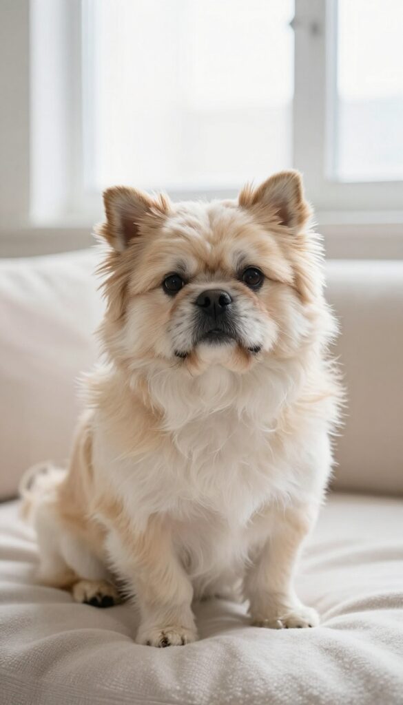 A Shih Tzu dog with a panda face grooming style, featuring dark trimmed markings around the eyes and nose, sitting in natural light for a playful and adorable look.